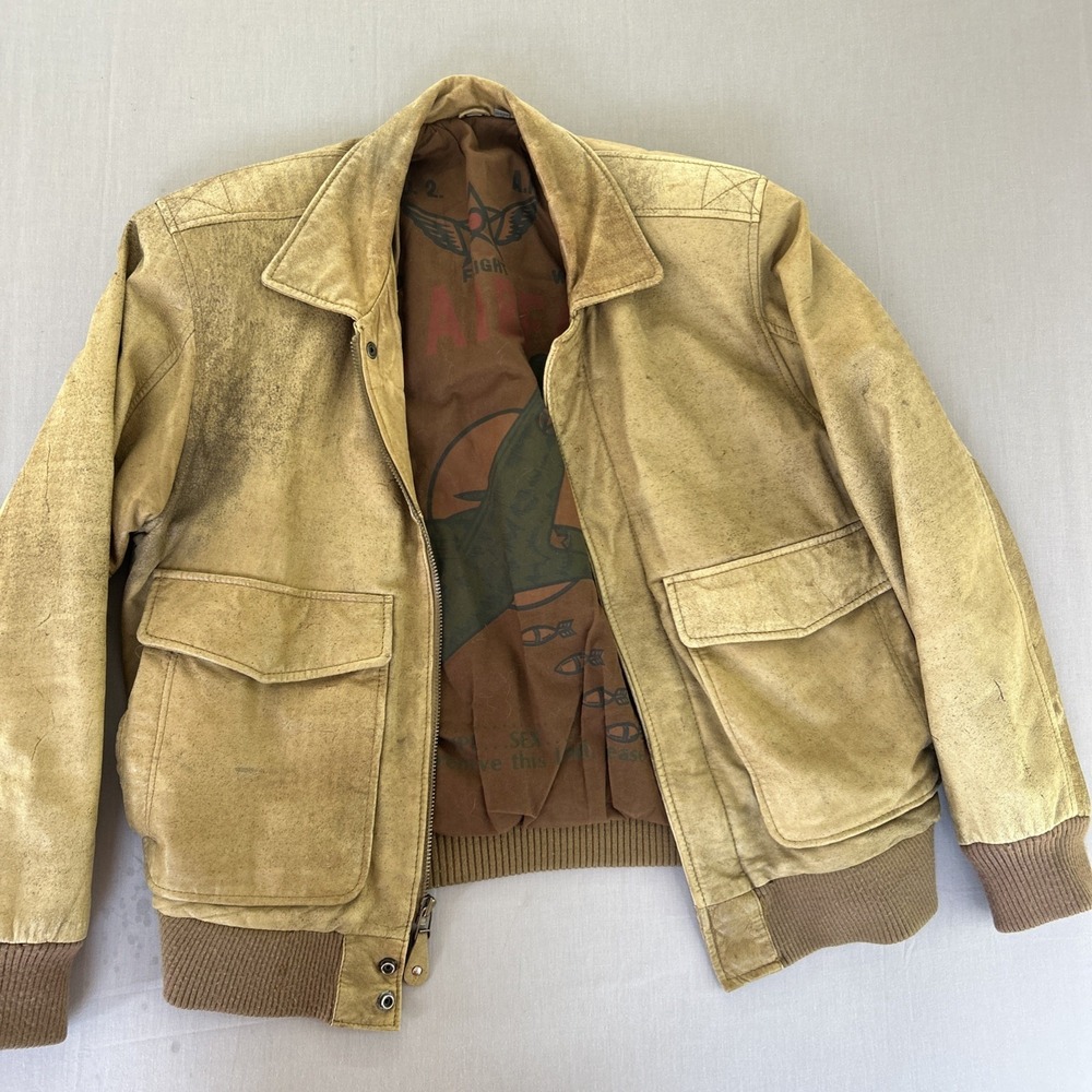 Vintage Wear Me Out A2 Leather Bomber Flight Jacket Size 38 Aviation Graphic